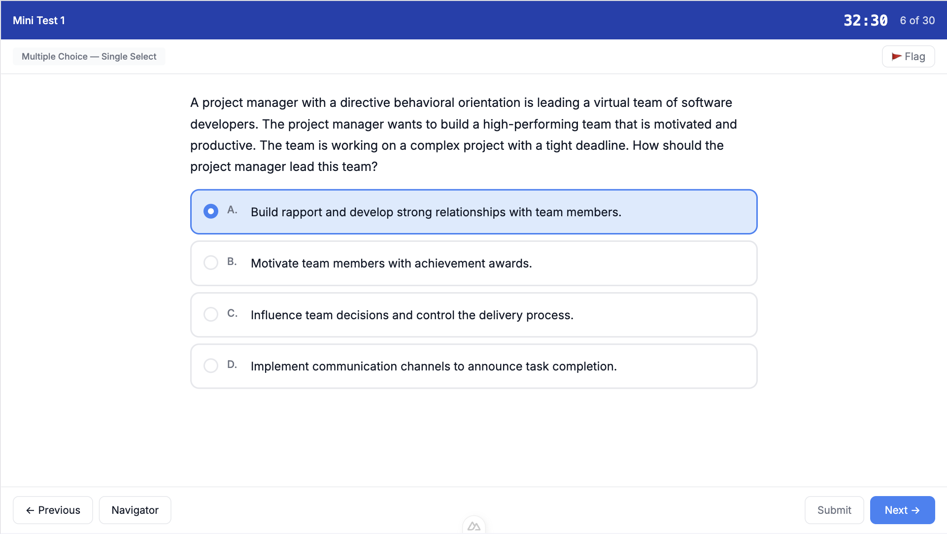 CertFlow PRO PMP exam simulator interface showing a timed practice question with answer options, question navigator, and countdown timer