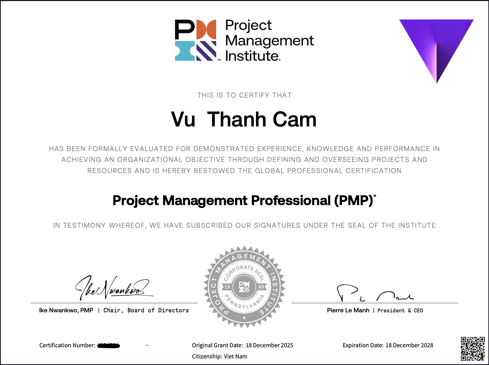 PMP Certificate — Cam VT